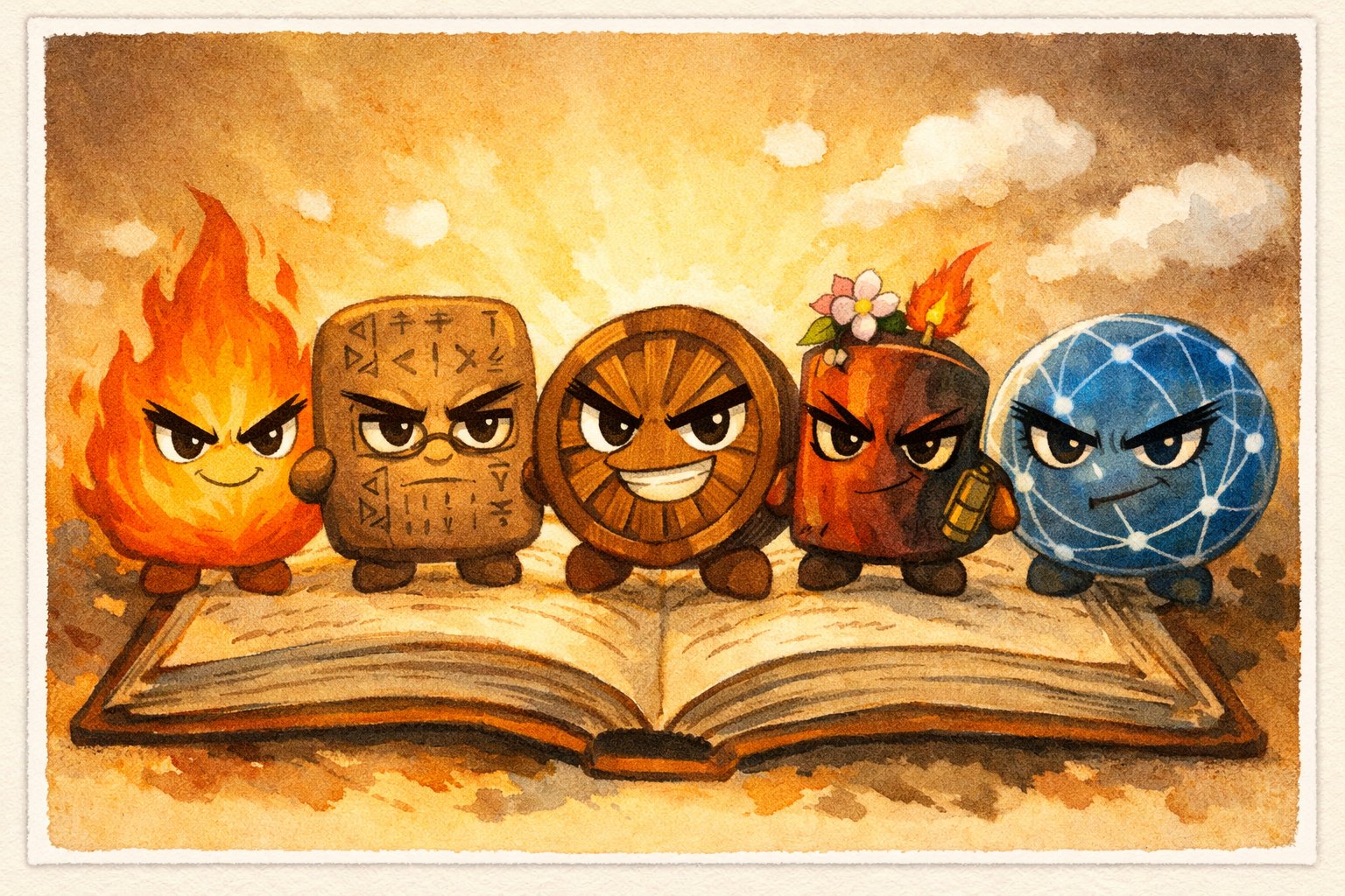 はつめいたち表紙 — ヒノちゃん・モジさん・ハグルマ・テッポー・ネット先輩