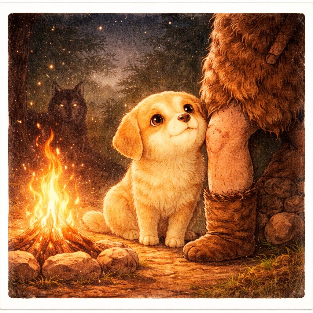 ワンタ：焚き火のそばで原始人に寄り添うイヌ