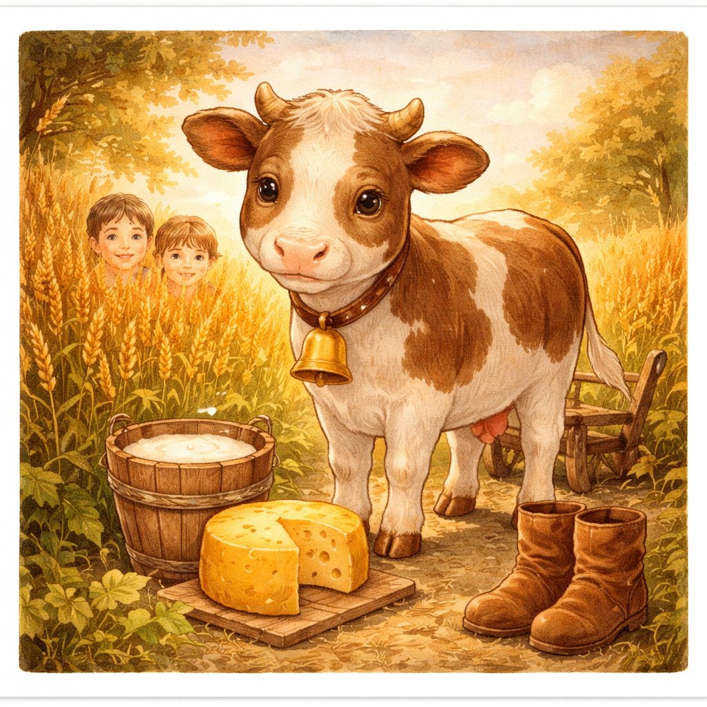 モーさん：麦畑でミルクとチーズに囲まれたウシ