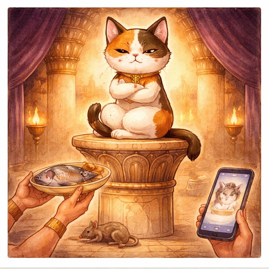 ミケ先輩：エジプトの柱の上でツンデレするネコ