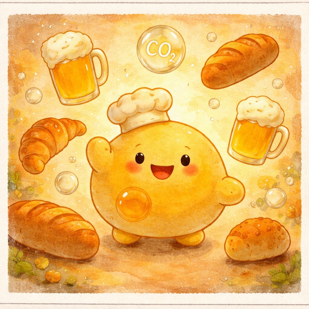 サッちゃん：パンとビールにかこまれた金色の酵母キャラクター