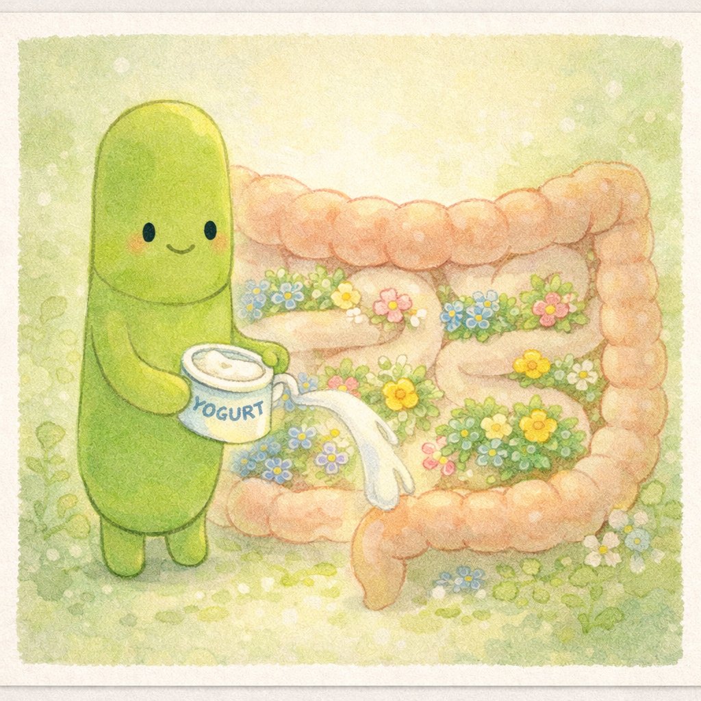 ラクトさん：腸内フローラの庭にヨーグルトを注ぐ緑のキャラクター