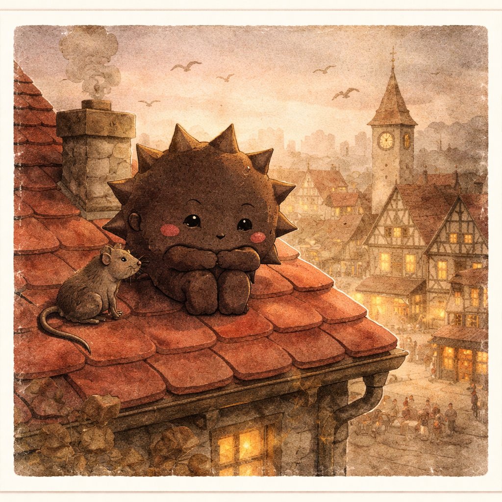 ペス太：中世の屋根の上でネズミと座るトゲトゲのキャラクター