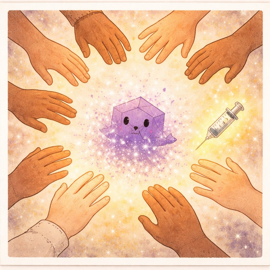 テンネン：世界中の手に囲まれて消えゆく紫色のウイルスキャラクター