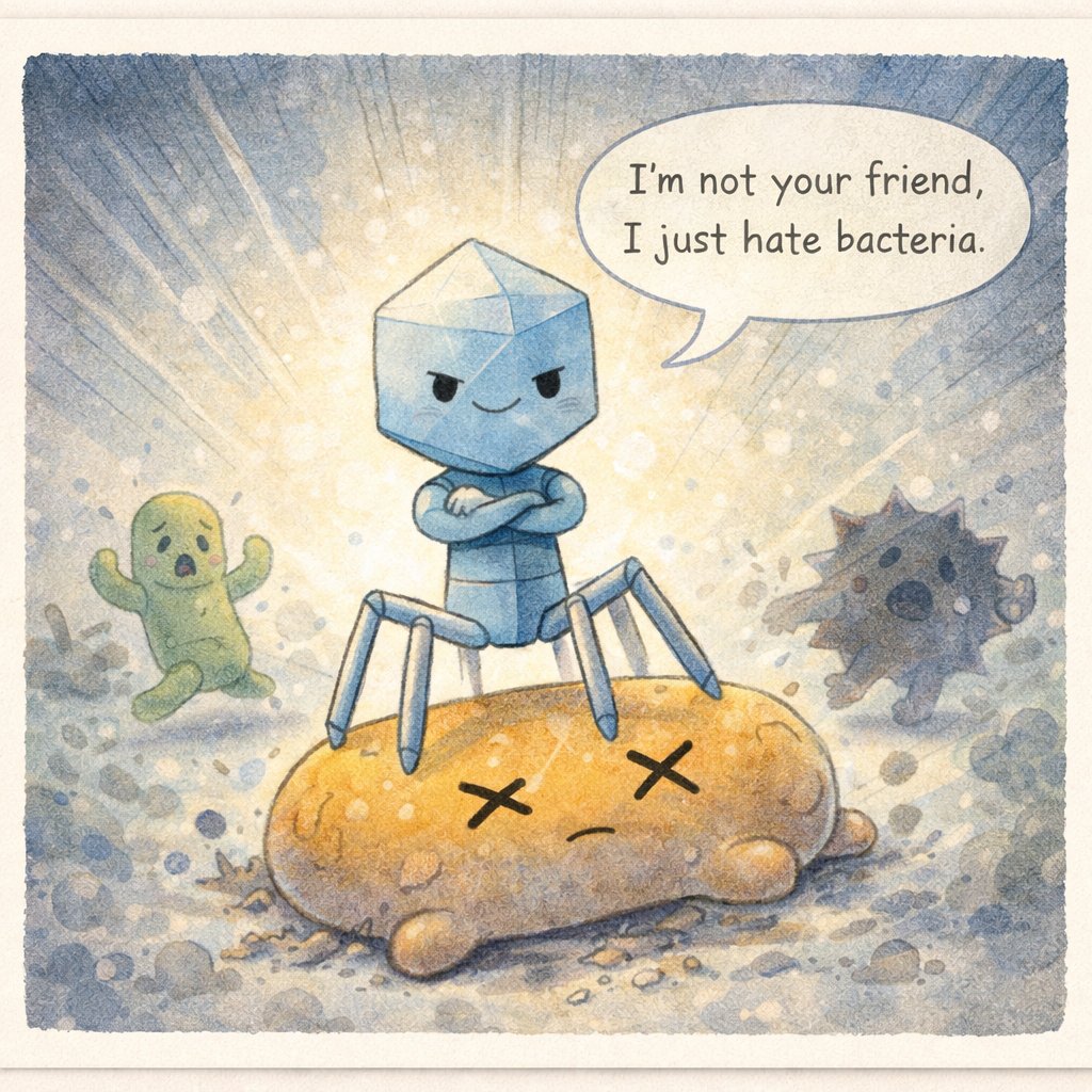 ファージ先輩：倒した細菌の上に腕組みして立つ青いロボットキャラクター