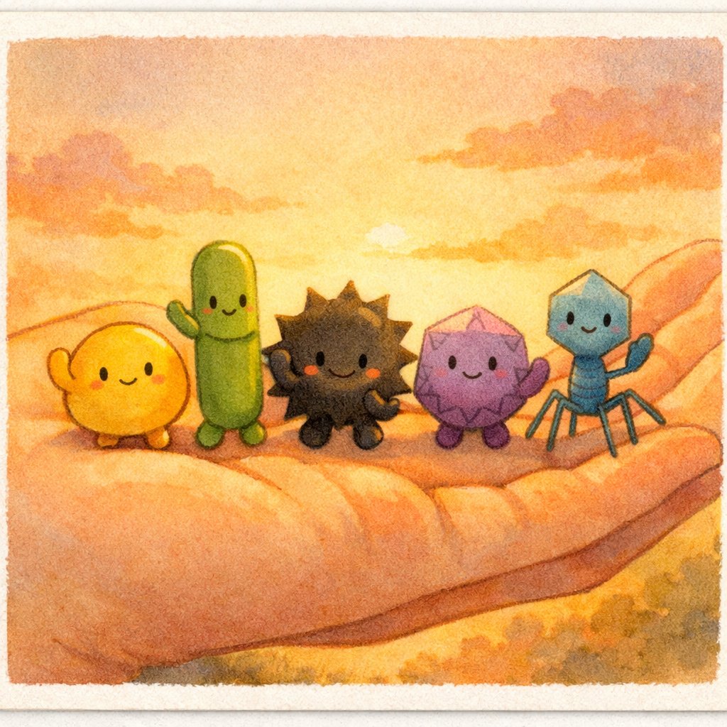 表紙：手のひらの上の5人のきんたち