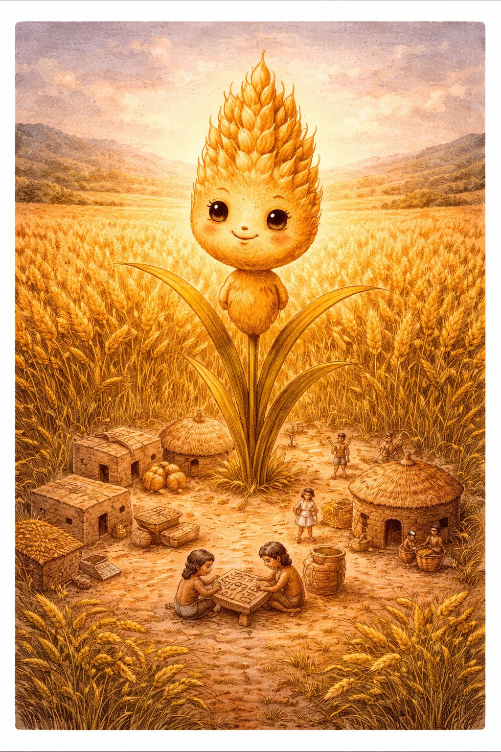 ムギちゃん：麦畑に立つコムギキャラクター