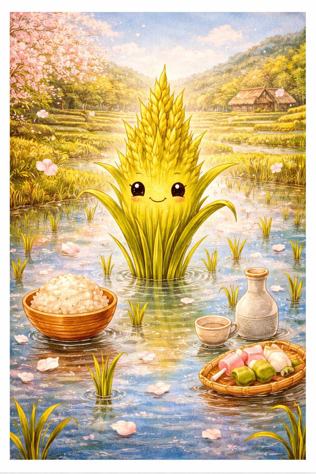 イネさん：田んぼでごはんと日本酒に囲まれるイネキャラクター