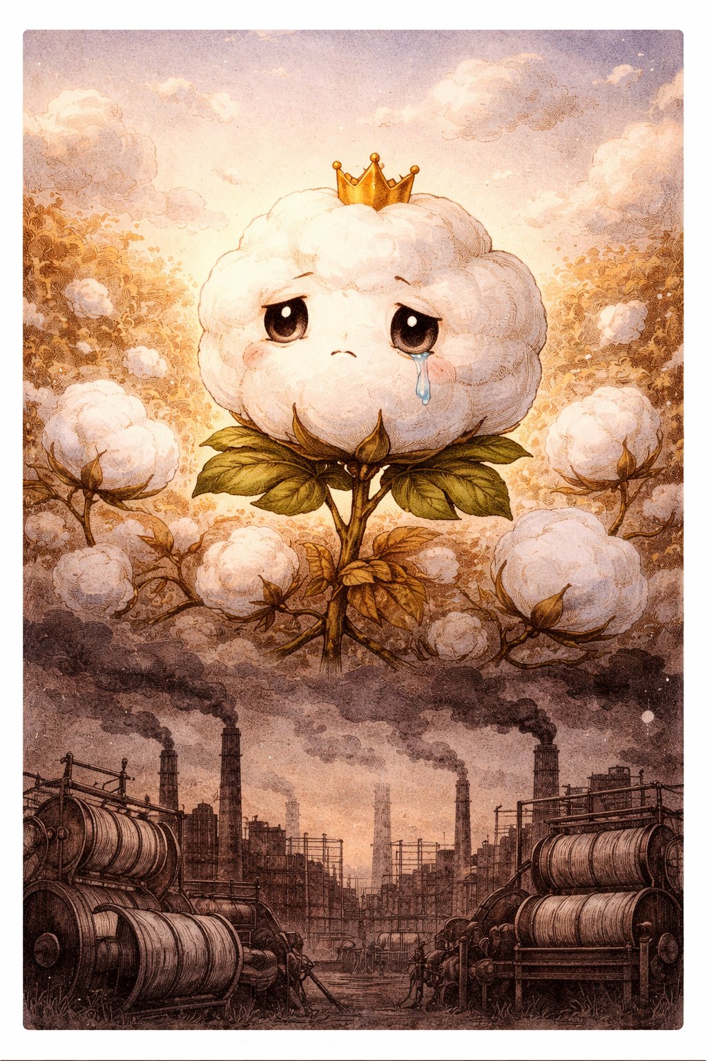 ワタ姫：工場の煙の上で涙を流す綿花キャラクター