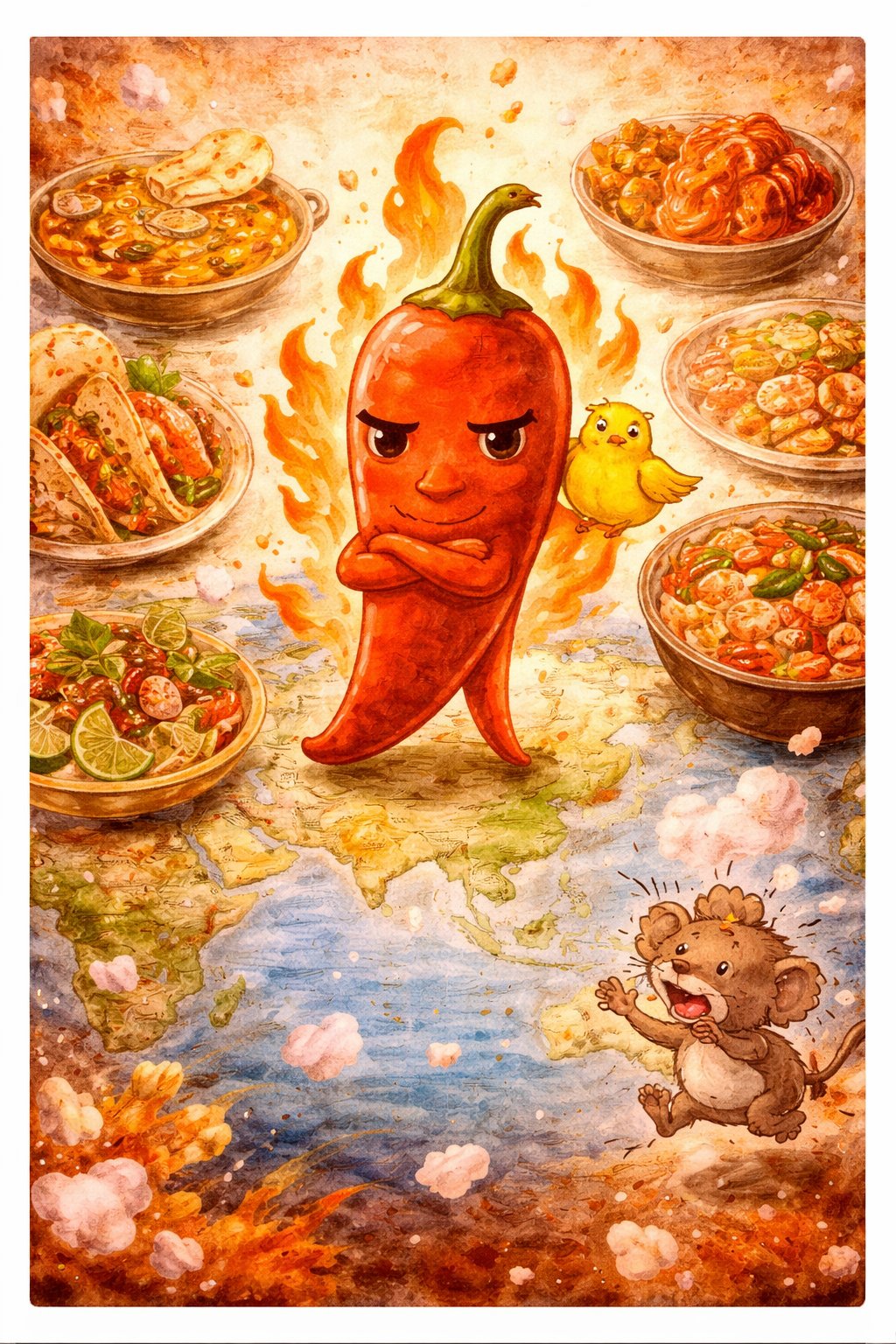 トウガラ先輩：世界地図の上で辛い料理に囲まれるトウガラシキャラクター