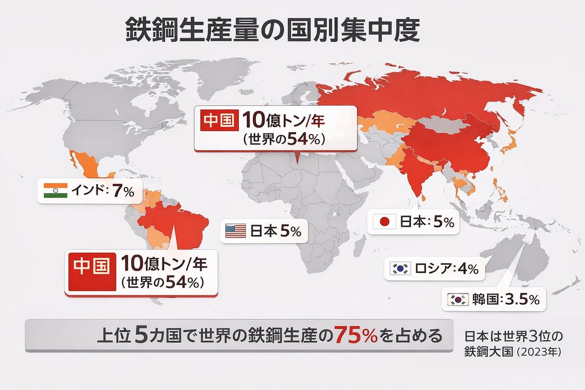 鉄鋼生産量の国別集中度