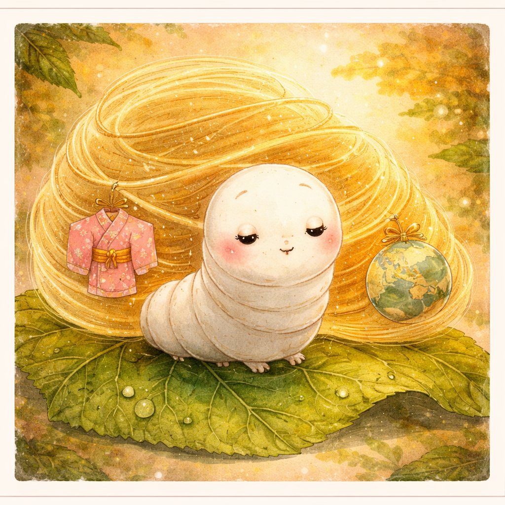 キヌちゃん：桑の葉の上で絹糸を紡ぐ白いカイコキャラクター