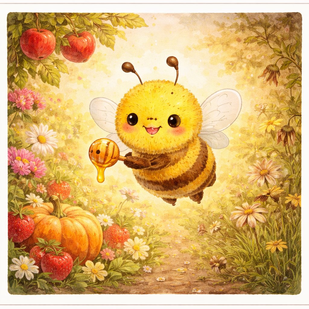 ハニーさん：花畑ではちみつを持つミツバチキャラクター