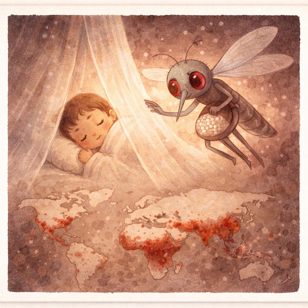 ハマダラ：蚊帳の外で卵を抱える蚊キャラクター